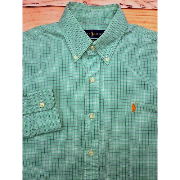 Ralph Lauren Mens Custom Fit Green Check Dress Shirt Small - Picture 4 of 8